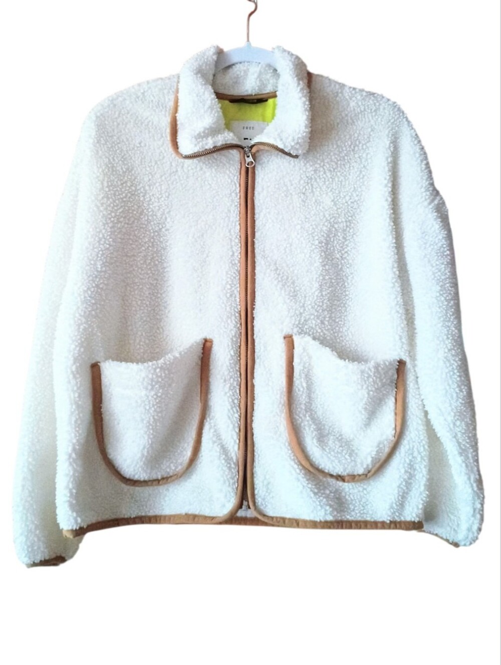 FREE ASSEMBLY Women's Mixy Teddy Jacket White Camel Brown Trim MEDIUM